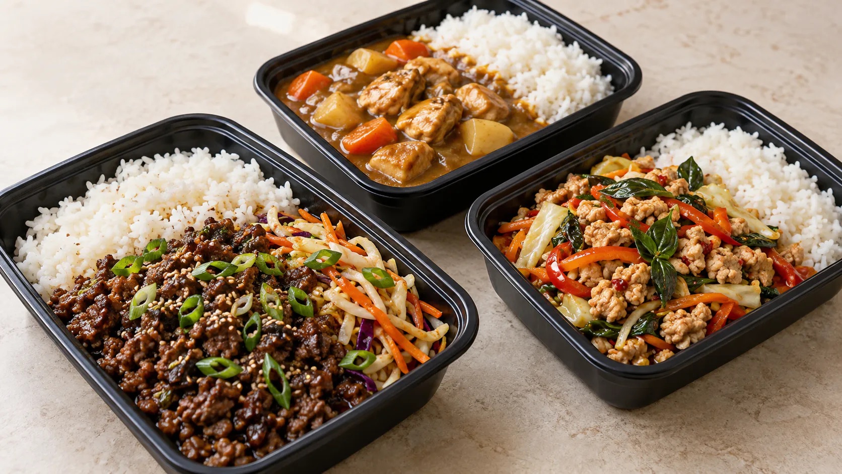 Korean BBQ ground beef, Thai basil ground chicken and Japanese chicken curry meal-prep trays